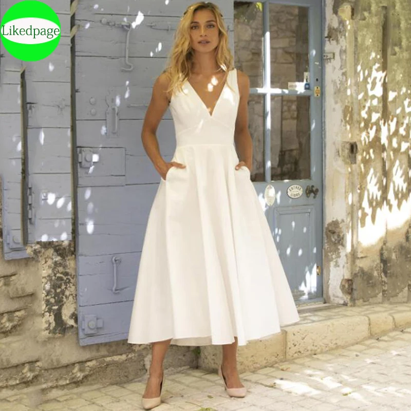 

Simple Satin V-Neck Wedding Dresses Mid-Calf With Pockets Bride Sleeveless Vestido De Festa Backless Suknia Ślubna Krótka Mariée