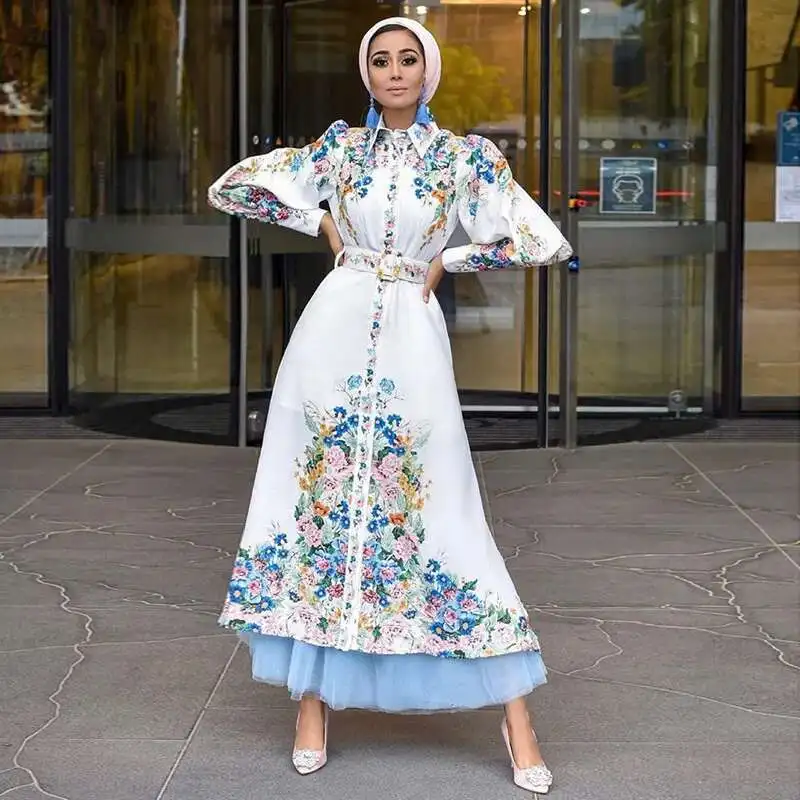 

New Women's Fashion Elegant Printed Lantern Sleeves Flip Collar Robe Shirt Collar Dress Abaya Ramadan Dubai Luxury Islam Elegant