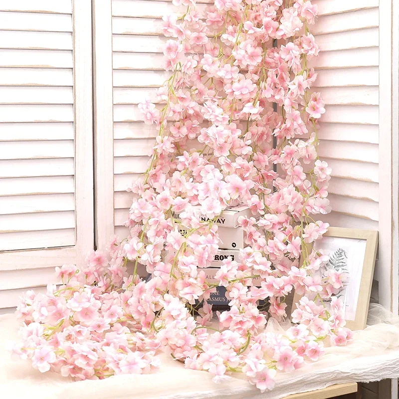 Flores artificiales de Sakura de 180CM, enredadera para boda, jardín, arco de rosas, decoración para fiesta en casa, Navidad, nupcial, plantas de álbum de recortes de seda falsa