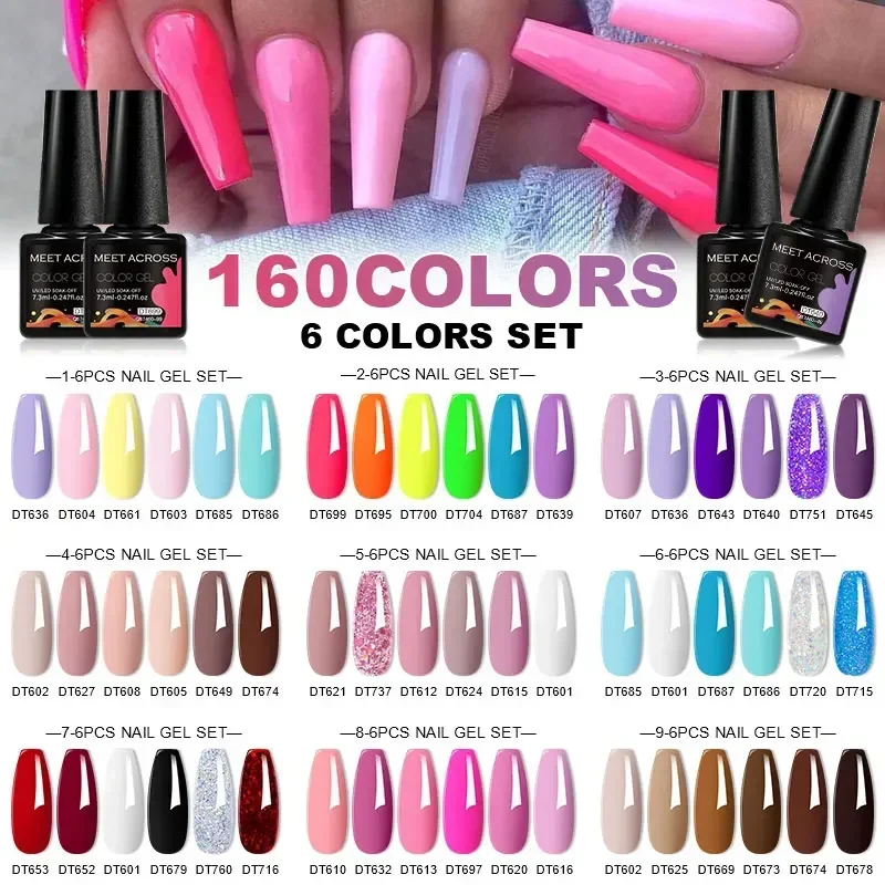 

MEET ACROSS 6 шт. Набор гель-лаков для ногтей Macaron Neon Pink Nude Color Nail Art UV Gel LED Varnish Стойкие наборы гель для маникюра