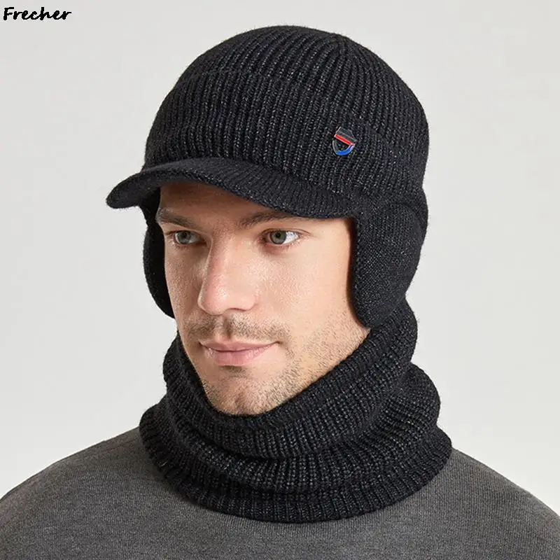 

Winter Ear Protection Hat Scarf Set Men Outdoor Wool Knitted Cap Keep Warm Beanies Plush Visors Caps Male Spring Bomber Hats