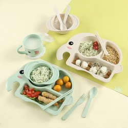 6PCS Children Baby Cutlery Set, Elephant Cartoon Plate, Children's Cutlery, Heat Training Cutlery, Bowl, Cup, Spoon, Fork