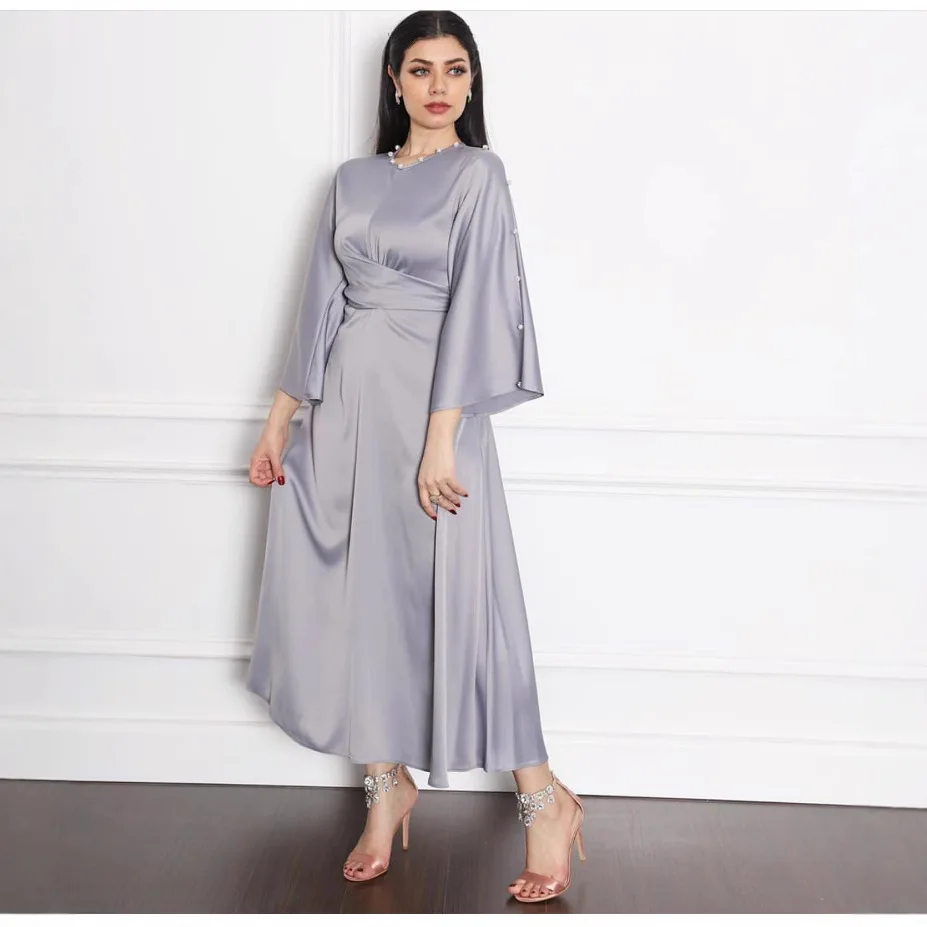 Sukienka maxi z satyny w stylu arabskim z Dubaju, na Bliski Wschód, z falbankami na rękawach, elegancka, jednolita, z koralikami, długa, dla muzułmanek.