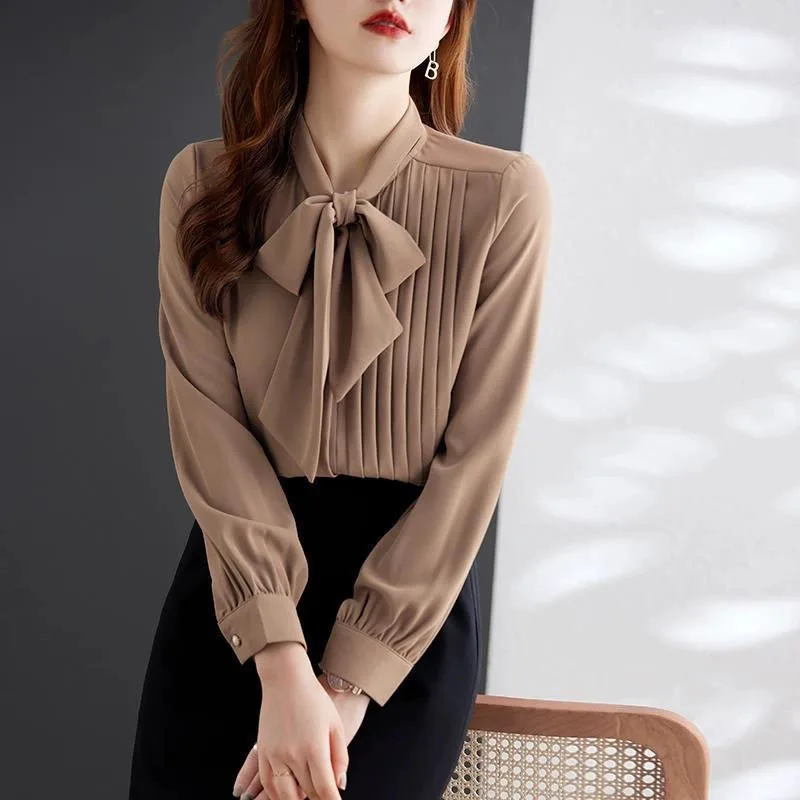Autumn New Chiffon Shirts Women Fashion Loose-Fit Bow Lace-Up Pleated Shirt Tops Elegant Long Sleeves Office Work Lady Blouses