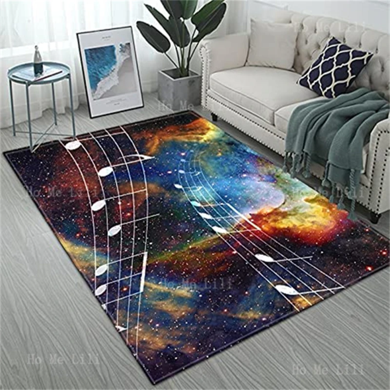 Colorful Music Note Nebula Staff Star System Pattern Flannel Floor Rug Modern Microfiber Non Slip Carpet For Home Decor