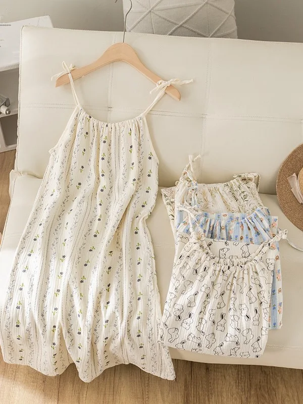Summer Thin Cotton Nightgown Women's Dressy Floral Print Pure Cotton Gauze Small Size Sleepwear Dress Can Be Worn outside