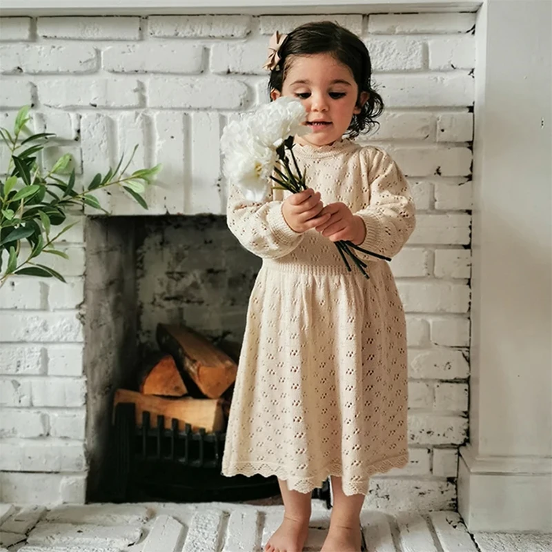 Winter Baby Girls Lovely Princess Dress Autumn Kids Kniting Dress Children\'s Hollow-out Long-Sleeved Dress Knitted Woolen Dress