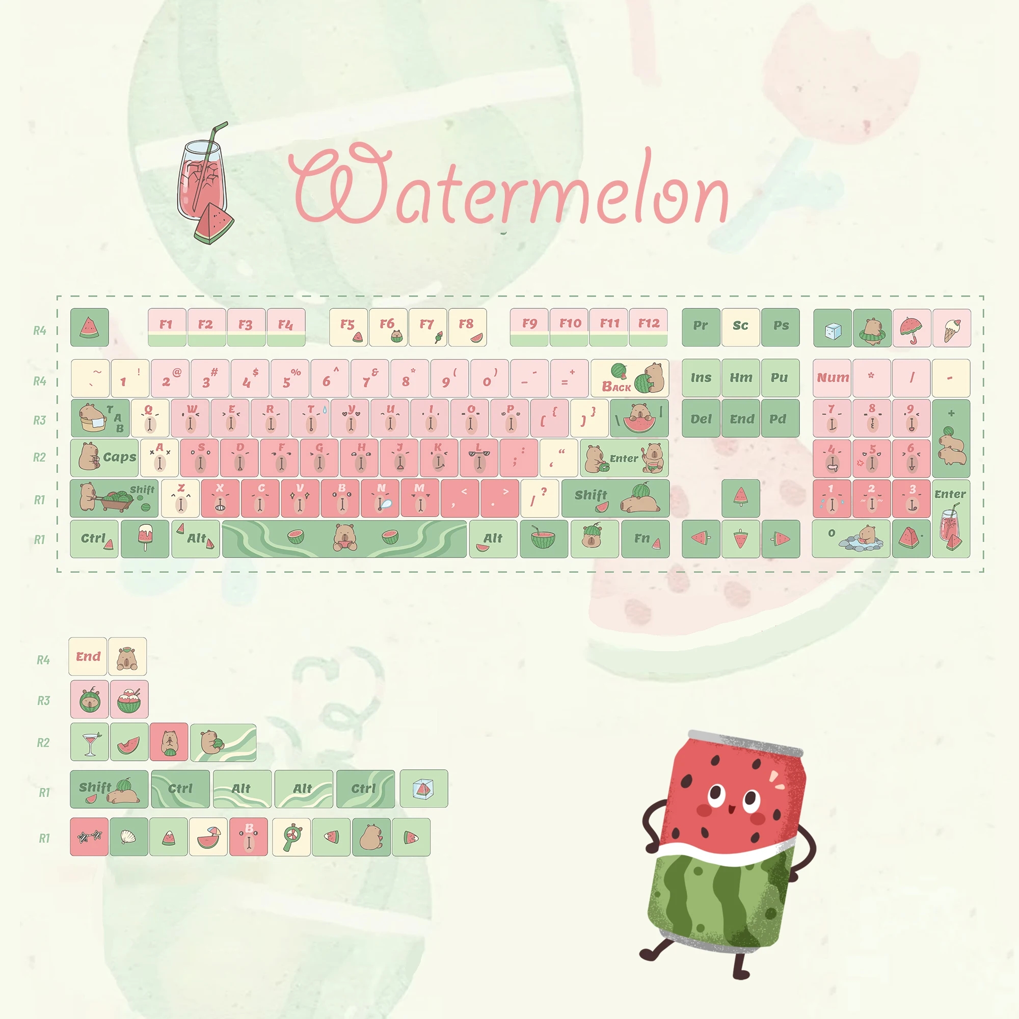 Capybara Watermelon MOA Profile Keycaps 131 Keys 5 Sides Dye Sub PBT Keycaps for Gateron Cherry MX Switches Mechanical Keyboards