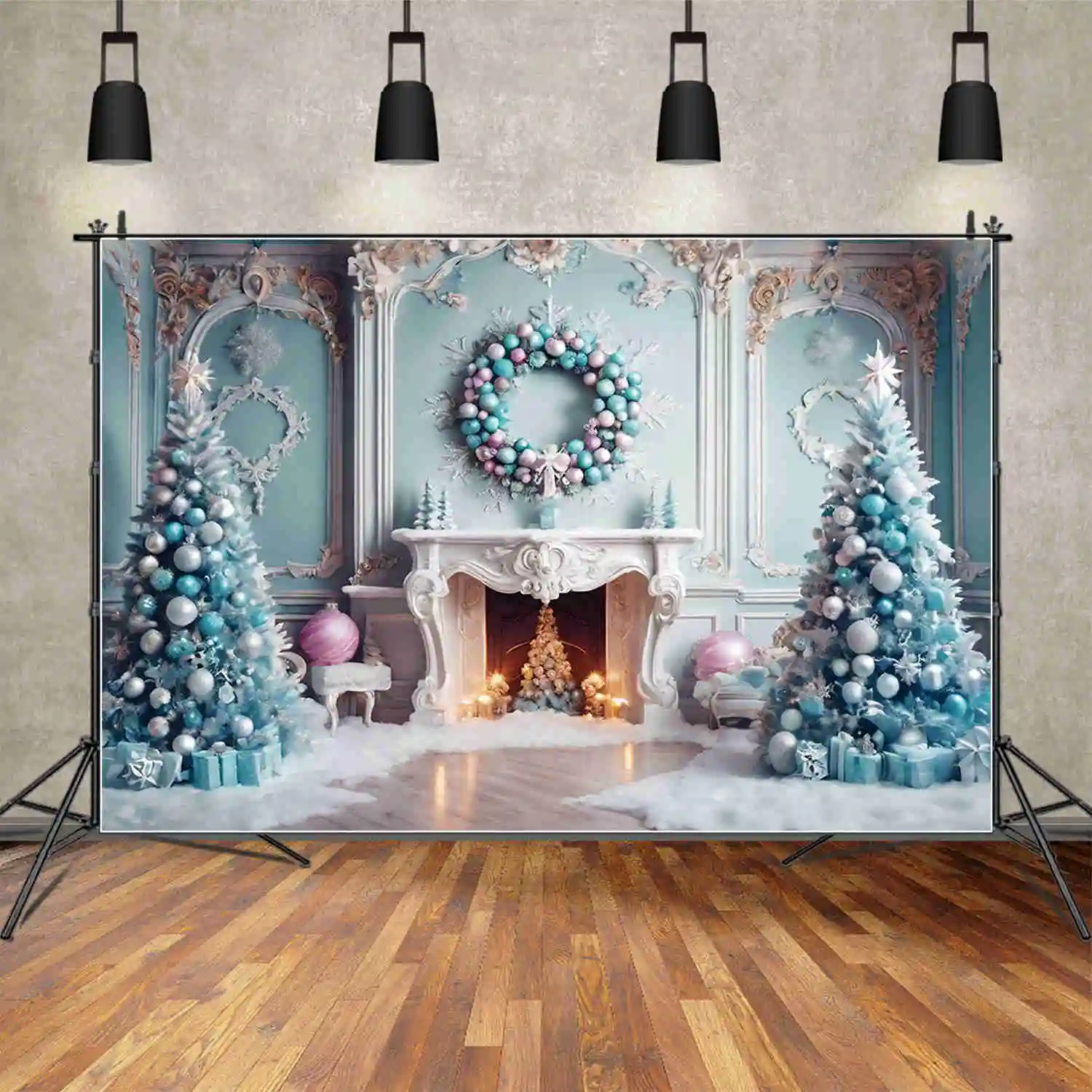 

MOON.QG Christmas Trees Background Living Room Vintage Western Wreath Fireplace Backdrop Party Decoration Photo Zone Accessories