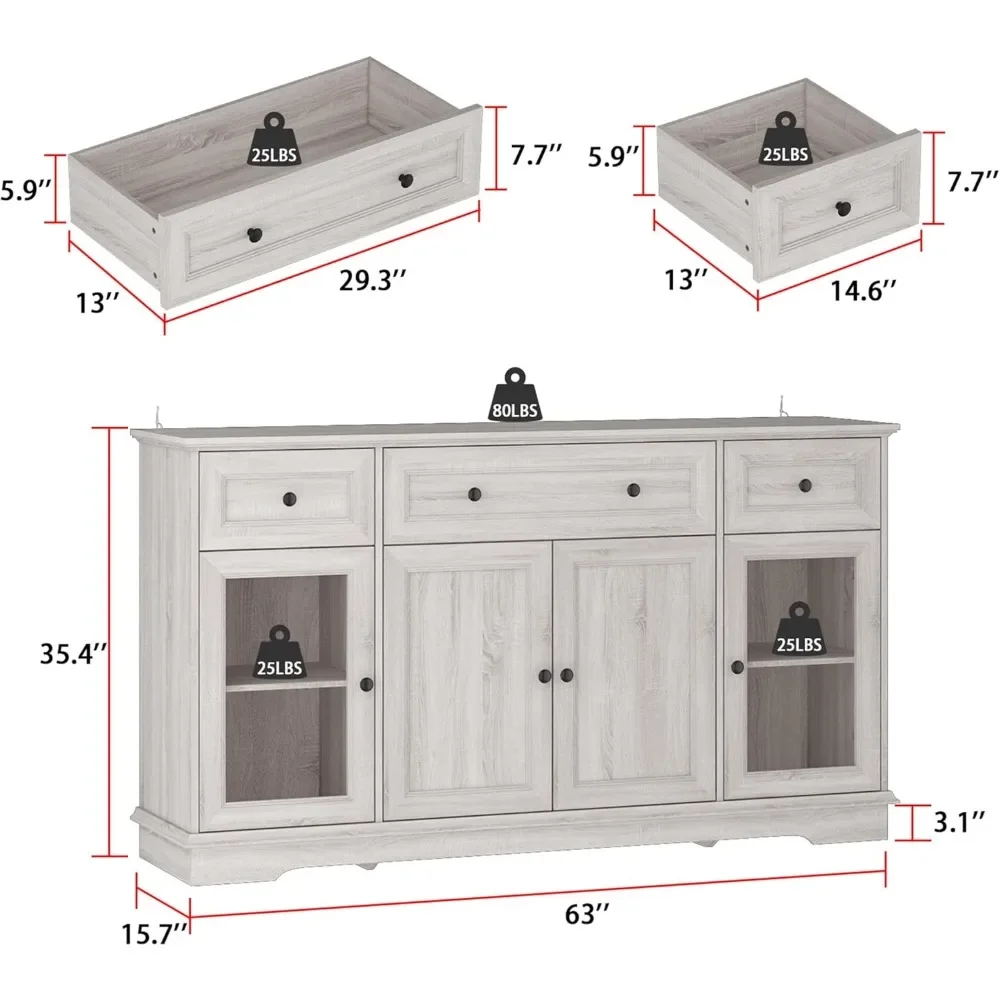 Credenza Buffet Dressoir Opbergkast met Glazen Deuren, Laden & Planken, Keuken Houten Kast Console Cabine