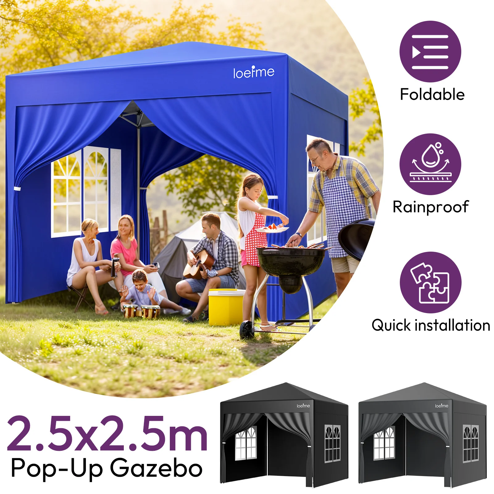 LOEFME 2.5x2.5 Outdoor Pop Up Gazebo Folded Tent 210D Oxford Cloth Removable Shelter Camping Waterproof UV Sun Protection Awning