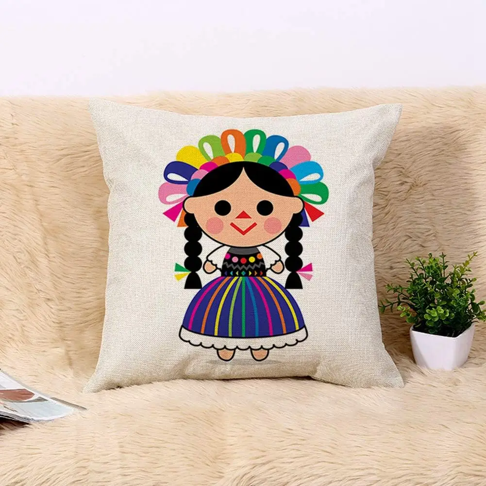 Mexican Doll Pillowcase, Colorful Folk Art Cushion Cover, Traditional Fiesta Home Decor Cute Girl Sofa Throw Pillow, Boho Living