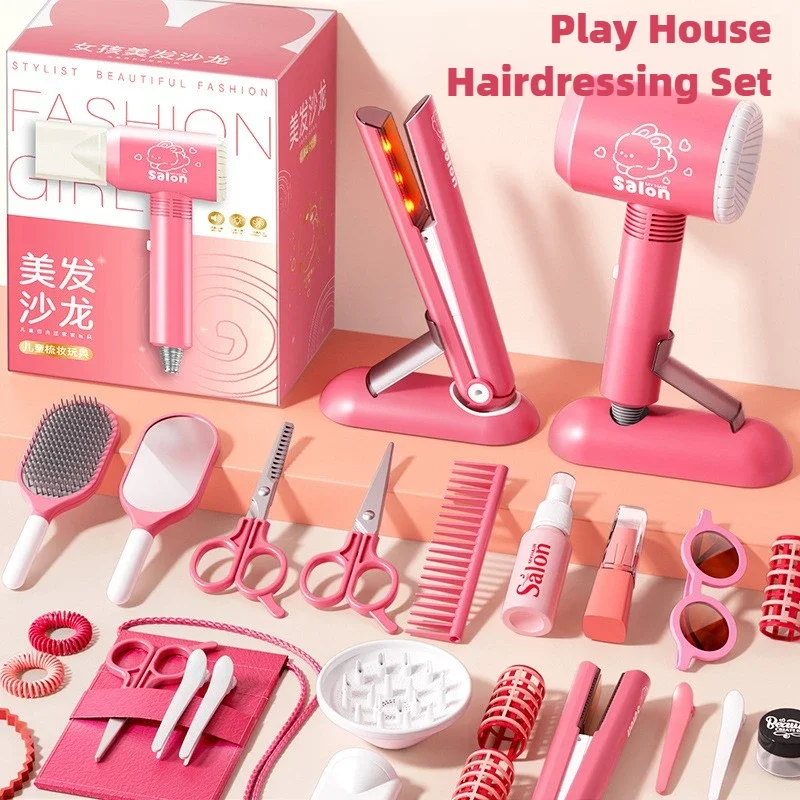 Set da salone di bellezza per ragazze, gioco di finzione, kit da taglio per capelli giocattolo da parrucchiere con grembiule a forbice per asciugacapelli e accessori per lo styling