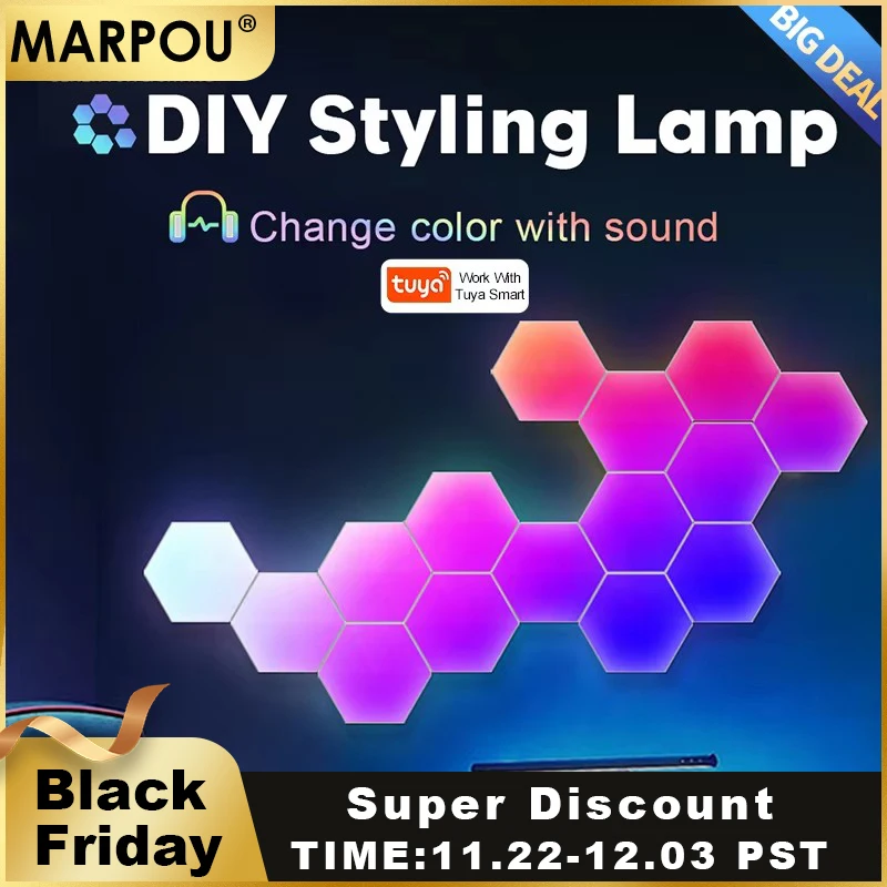 MARPOU Smart DIY Wall Lamps RGB Bedside Lamp with Tuya APP/Remote Control LED Interior Night Light for Game Room Bedroom Decor