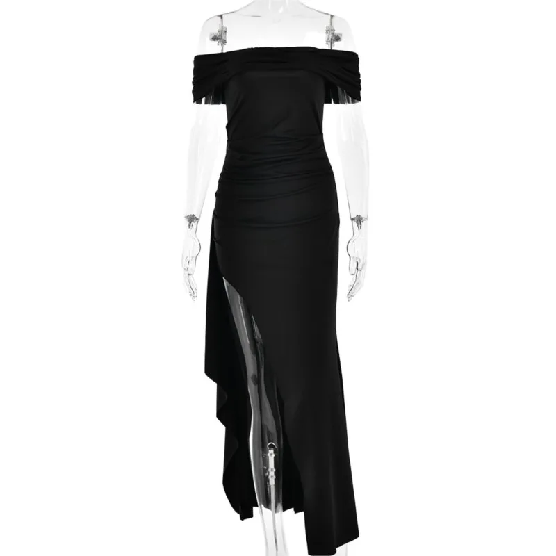 Elegant Evening Dress Pure Color Off-Shoulder Women\'s Sexy High Waist Side Slit Long Dress Formal Women\'s Party Evening Dress