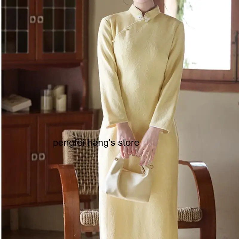 Women Winter Qipao Sexy Jacquard Cheongsam Long Sleeve Chinese Dress Vintage Button Party Dress Vestidos Plus Size 3Xl