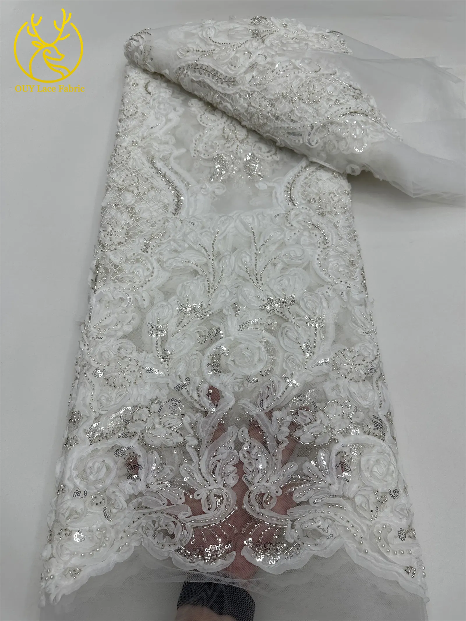 3D Afrikanischer Perlen-Spitzenstoff Schwarz Rot Luxuriöser Hochwertiger Französischer Pailletten-Tüll für Damen Abendkleid DIY Nähen 5 Yards – Detail 18