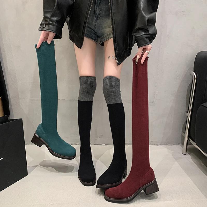 Sock Boot Women - Bottes montantes rétro rouge bordeaux pour