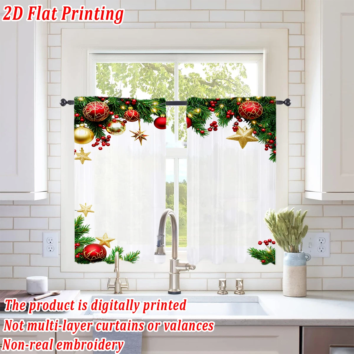 Christmas Flat Printing Kitchen Sheer Curtain with Merry Christmas Ball Star Berry Pine Branch For Christmas Home Decor  Party