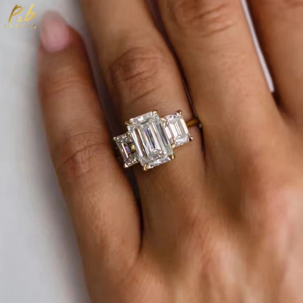 

PuBang сверкающее 3EX VVS1 D 5,5 карата обручальное кольцо с настоящим муассанитом изумрудной огранки желтого золота 14 карат пасьянс в виде собора