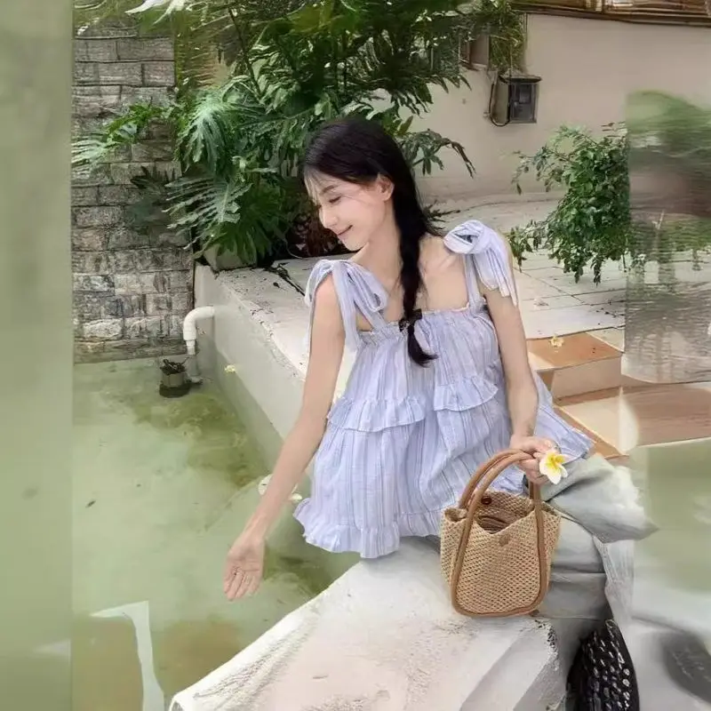 Blau gestreiftes, lockeres irt ort Design für Damen, Sommer, Frühling, schulterfreies Puppenoberteil, Polyesterfaser, lässiges Sle