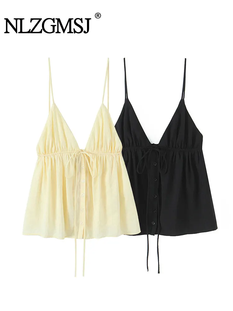 

2025 Summer Casual Chic Women Cami Tops Solid Sleeveless Bow Single Breasted Slim Vest Fashion Holiday Tops
