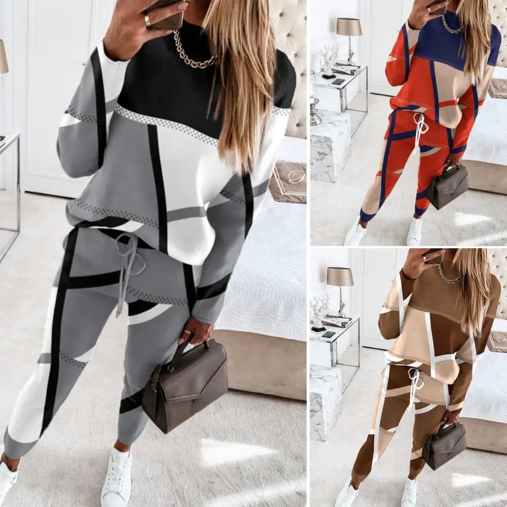 Lady Fall Top Set Colorblock Women\'s Sweatshirt Pants Set Stylish Round Neck Elastic Waist Soft Casual Sports Tracksuit for Fall