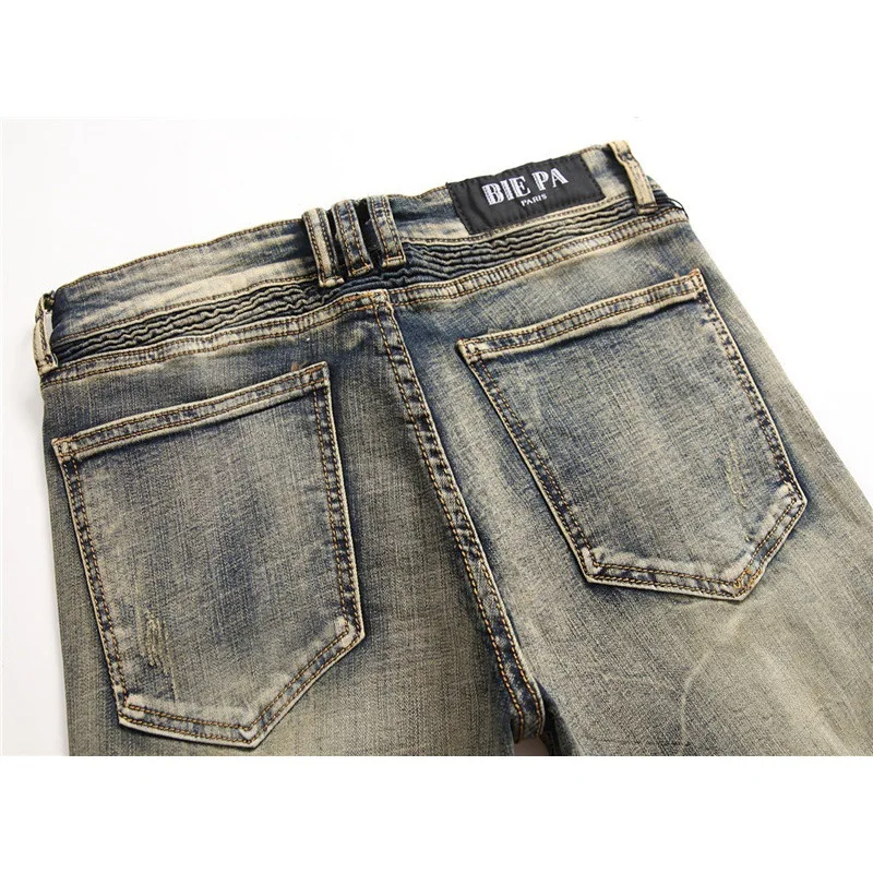 2024 jeans da moto di colore retrò moda uomo street stitching trendy bei pantaloni a matita elasticizzati aderenti pantaloni skinny