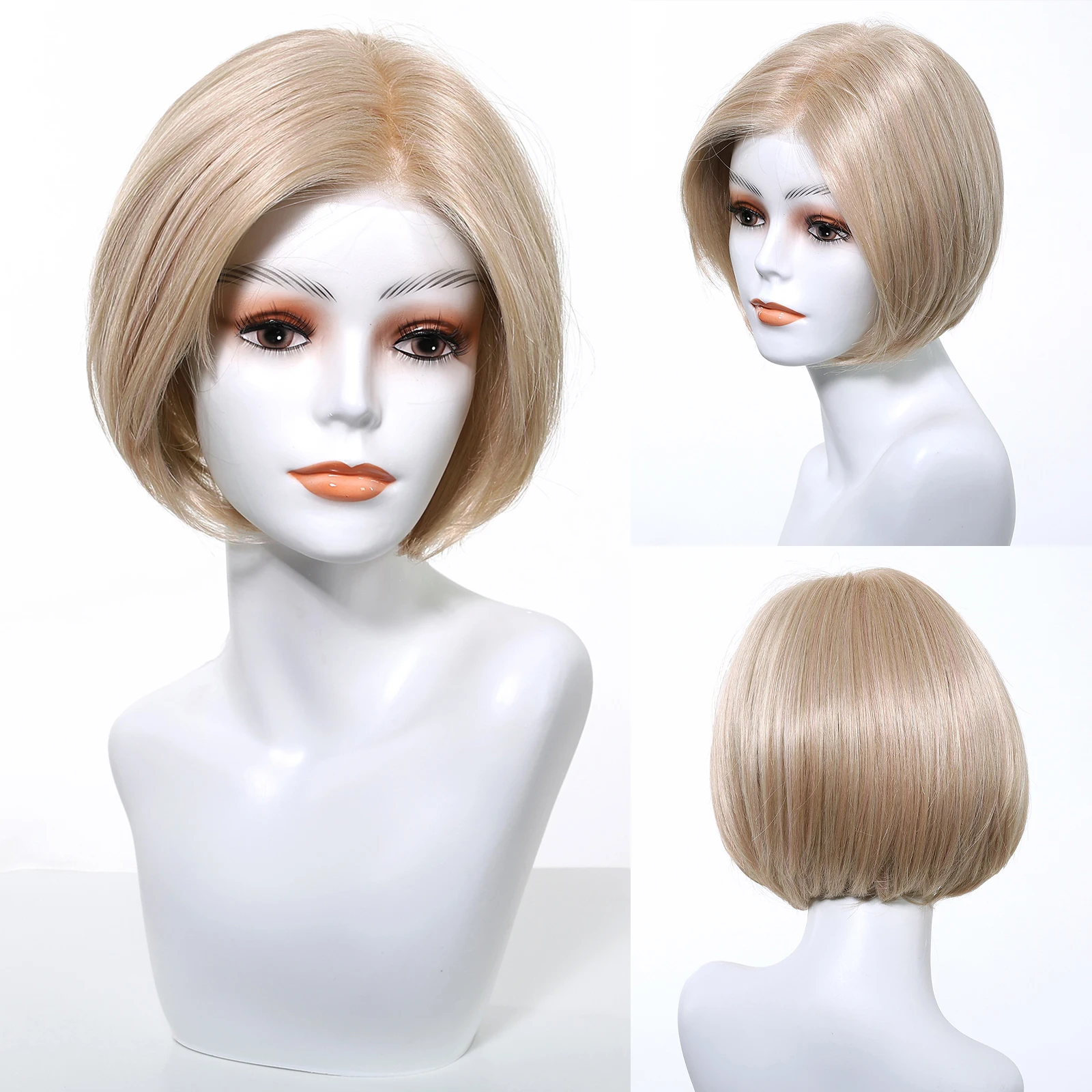 Light Blonde Lace Front Synthetic Wigs Short Pixie Cut Layered Monofilament Wig with Bangs for White Women Heat Resistant Hairs