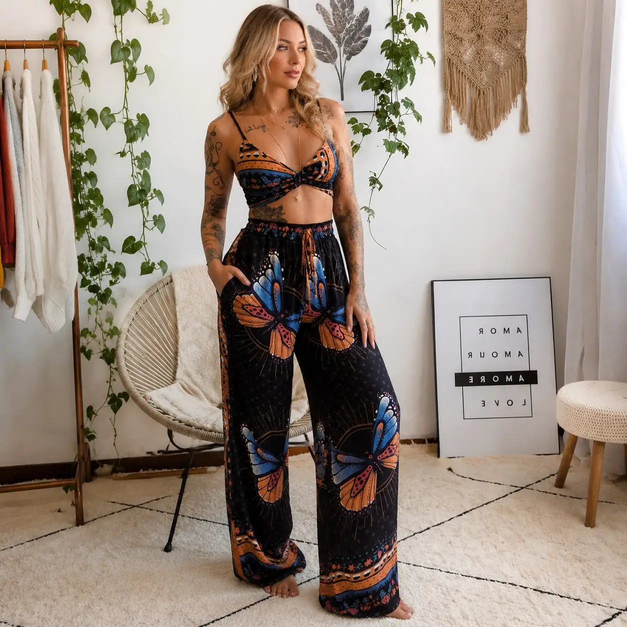 Butterfly Print Halter Sleeveless Crop Top And Elastic Waist Wide Leg Pants Two Piece Set Boho Summer