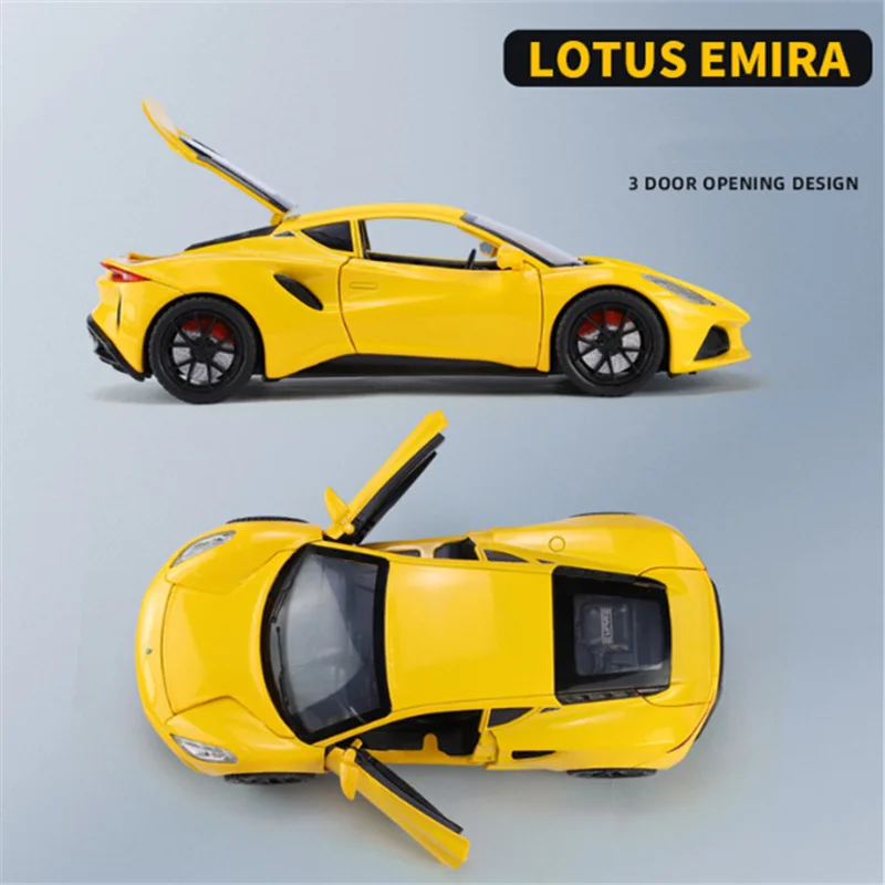 Lotus Emira-modelo de coche deportivo de aleación para niños, vehículo de carreras de Metal fundido a presión, simulación de sonido, colección de