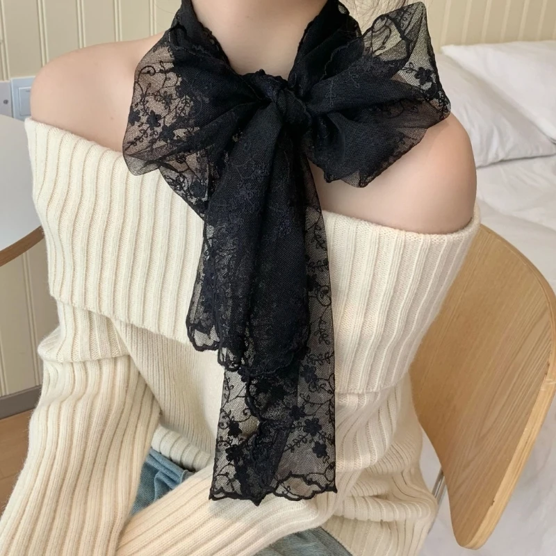 

French Lace Scarf Embroidery Flower Seethrough Shawl Hairband for Daily Wear Y166