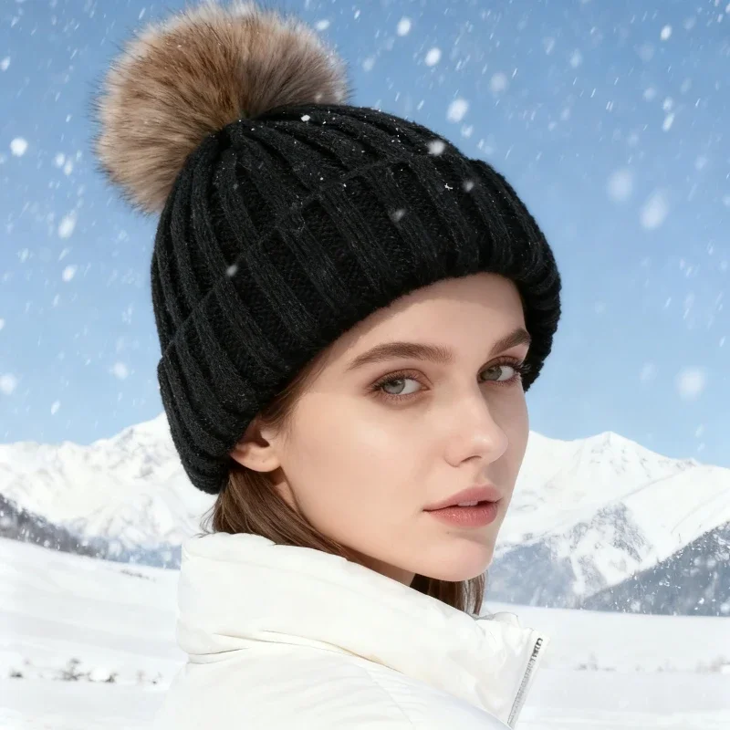 1pc Unisex Pom Pom Y2K Warm Breathable Fashionable Versatile Knit Hat with Added Fluff,Suitable for Outdoor Skiing Casual Wear