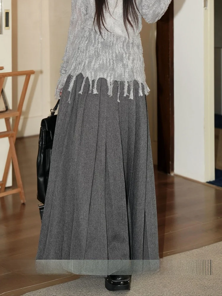 

Gray Woolen Skirt Women's High Waist Pleated Suit Skirt Long Skirt Winter New Design Sensation Retro Hairless Skirt