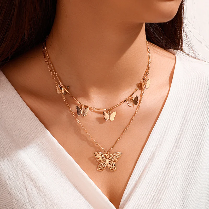 Choker Necklace for Women Double Layer Butterfly Necklaces Gift for Friend Wholesale Clavicle Chain Collar Boho Fashion Jewelry