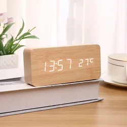 LED Student Alarm Clock Simple Wooden Clock Temperature Display Sound Control Clock Desktop Clock Home Decorative Ornaments
