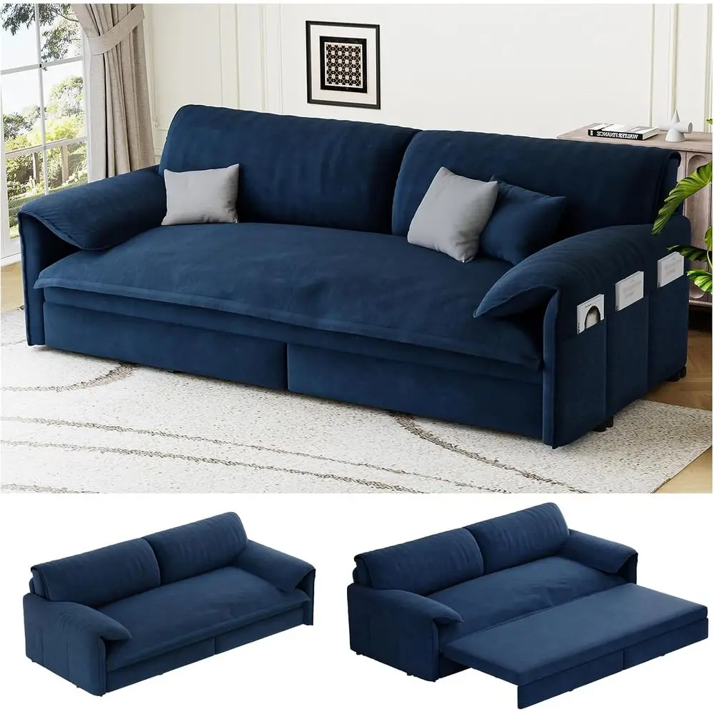 

Велюровый раскладной диван-кровать 3-в-1 размера Queen с боковыми карманами, двухместный диван-кровать для гостиной (синий)