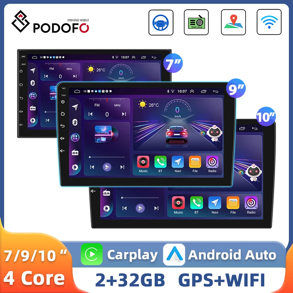 Podofo 7''/9''/10.1'' Car Radio 2+64G Carplay Android Auto 2Din Multimedia Player Bluetooth GPS Navigation WIFI FM Car Stereo