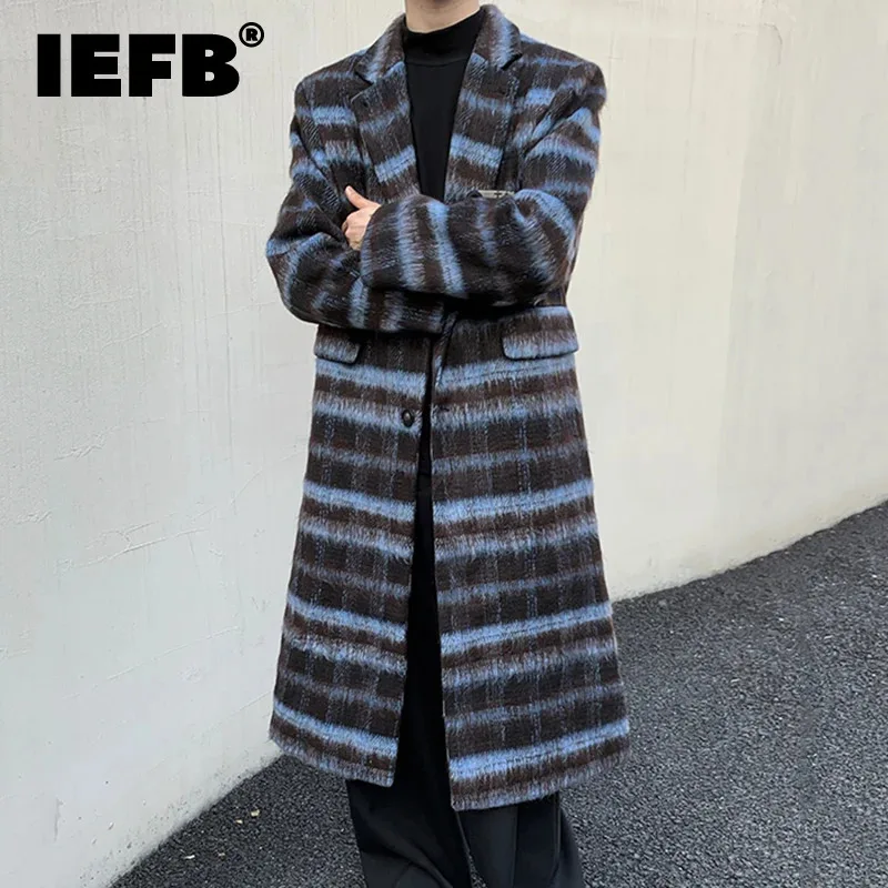 

IEFB Contrast Color Male Overcoats Korean Fashion Lapel Plaid Casual Men's Long Woolen Coats New Trendy 2023 Winter Chic 9C3923