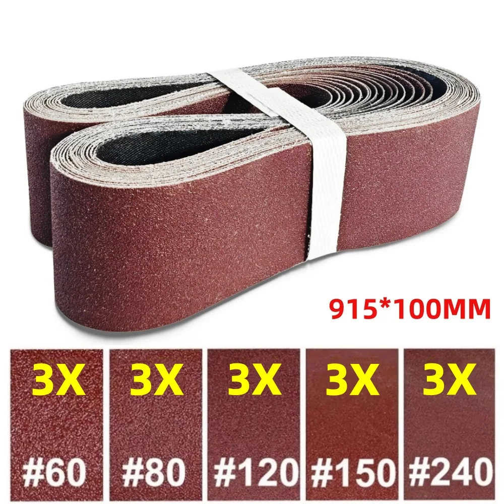 Image of 15 Stück 100 x 915 mm Schleifband, Schleifpapier, geeignet für Schleifmaschinen, Schleifen, Holzbearbeitung, Metallpolieren, Körnung 60/80/120/150/240