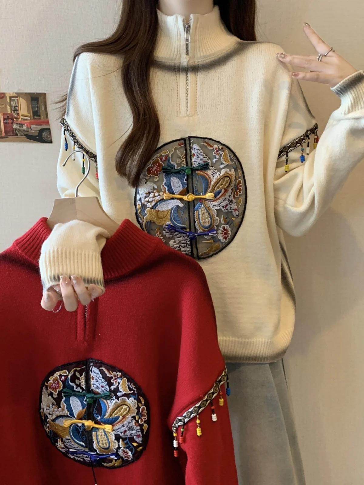 

Chinese Women's Autumn Winter New Style Long-sleeved Color Sweater Retro Oriental Collar Button Loose Folk Style Tangsuits Top