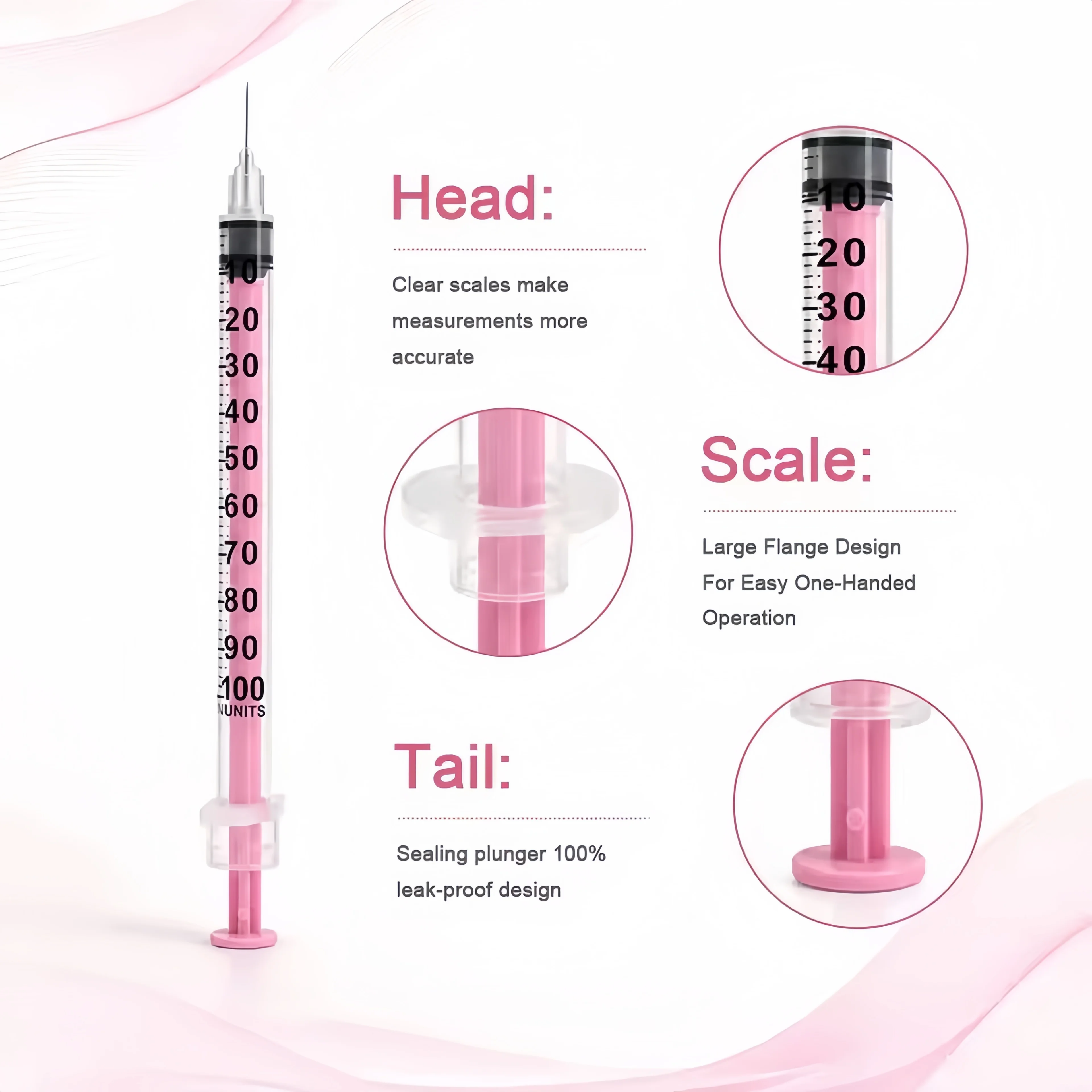 1ml 31G (6mm) Einweg-Veterinärspritze aus rosa Kunststoff, sterile Insulinspritze, ausgestattet mit einem rosa Kappe und Nadel, geeignet für den Einsatz bei Haustieren, Nutztieren und in Laboren. – Detail 2