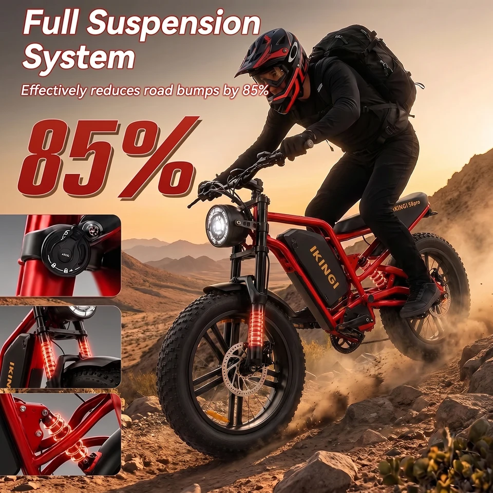 High Performance Red Full Suspension Electric Bike Fat Tire All Terrain Mountain Ebike for Adults Dual Shock Absorber Front and Rear Suspension Disc Brakes LED Headlight Fast Speed Beach Snow Trail Commuter E-Bicycle image 5