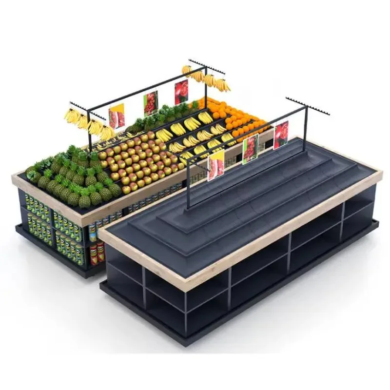 Heavy Duty Double Sided Stainless Steel Supermarket Fruit Vegetable Rack with Sign Bracket Large Capacity Storage Space