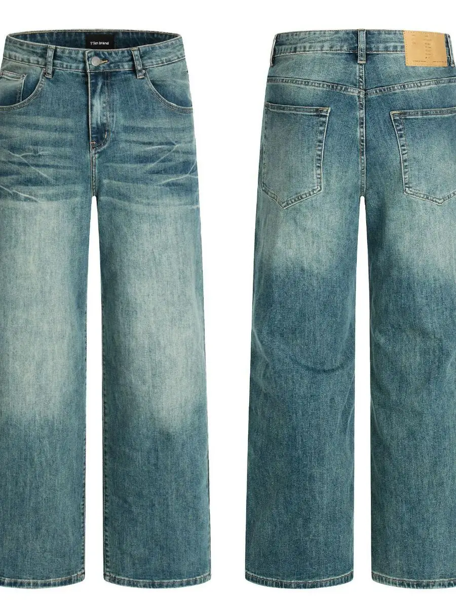 

Мужские джинсы в стиле ретро, свободные, прямые, повседневные, из денима, со средней посадкой, на молнии, с эффектом потертости и выцветания