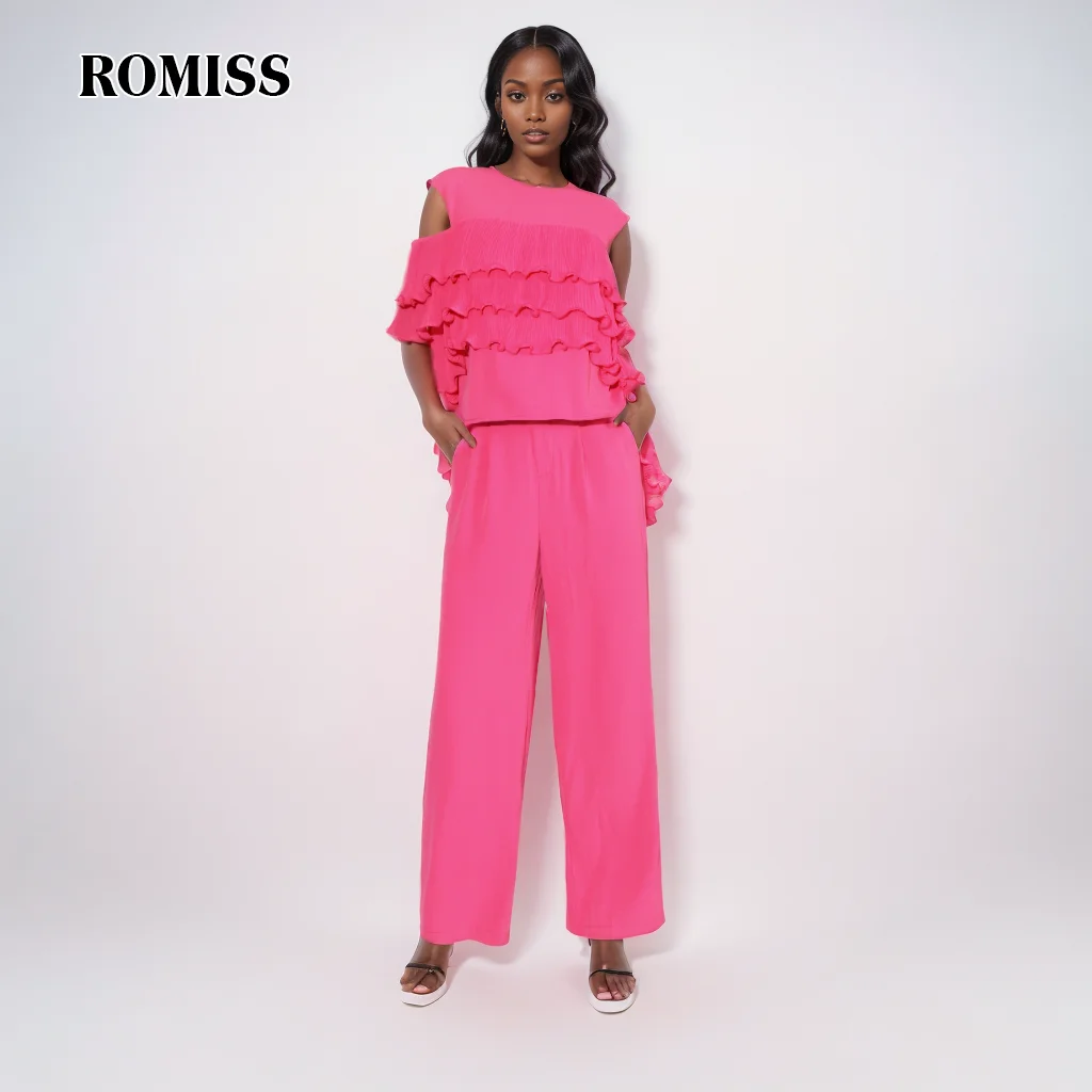 

ROMISS Solid Two Piece Sets For Women Round Neck Sleeveless Splcied Ruffles Tops High Waist Loose Pant Casual Set Female 2024