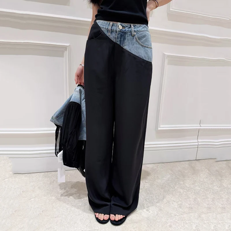 

Женские джинсы в стиле пэчворк, комплект жилета без рукавов в сетку в стиле пэчворк, широкие брюки для показа, брюки высокого качества, лето, новинка, 2025 г.