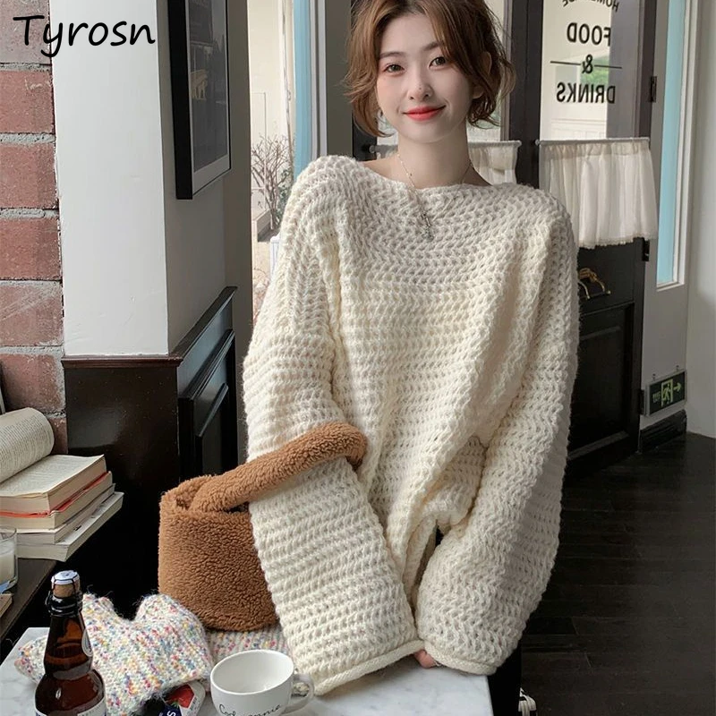 Thicker Pullovers Women Slash Neck Autumn Winter Backless Solid Holes Ladies Long Sleeve Knitted Loose Tops Off Shoulder Soft