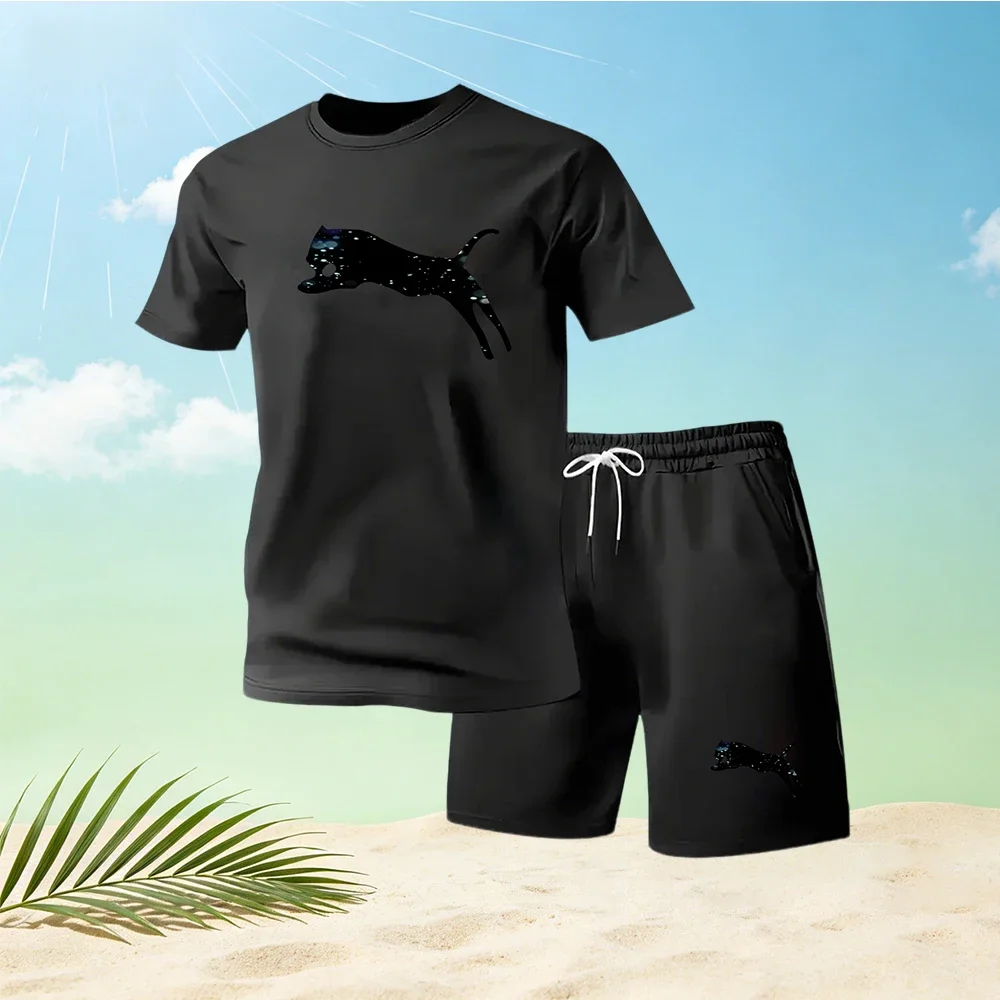 

Hot Sale Men's Sets Cheetah Printed O-neck T-shirt + Shorts Summer Casual Sportswear Home Outdoor 2 Piece