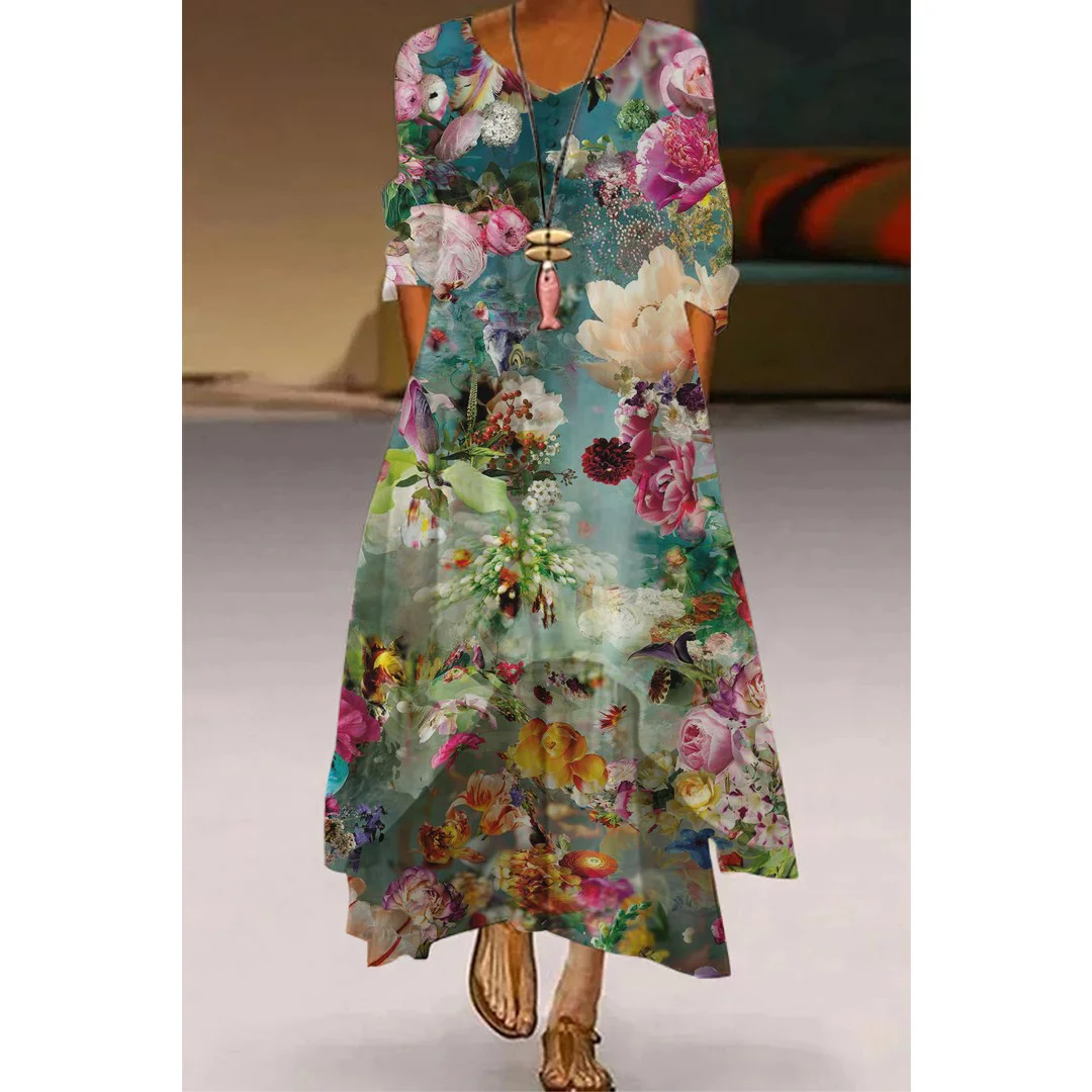

Flower Maxi Dress Women Fashion Floral Printing Long Sleeve Elegant Casual Commuting Long Dress Women's Streetwear